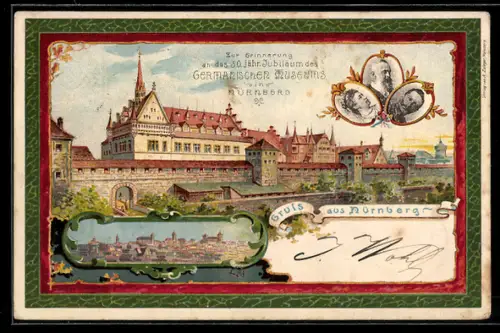 Lithographie Nürnberg, 50 jähriges Jubiläum des Germanischen Museums, Teilansicht, Wilhelm II., Ganzsache Bayern