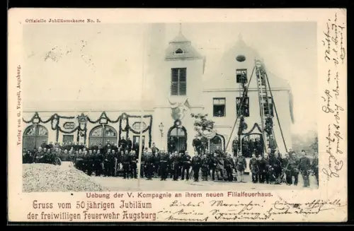AK Ganzsache PP15 D12 /05: Augsburg, 50. Jubiläum d. freiwilligen Feuerwehr, Übung d. V. Kompagnie am Filialfeuerhaus