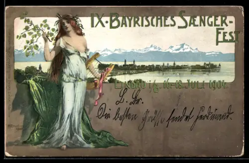 Künstler-AK Lindau i. B., IX. Bayrisches Sängerfest 1904, Frau mit Lyra, Ganzsache Bayern