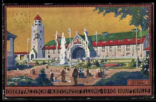 Künstler-AK Regensburg, Oberpfälzische Kreisausstellung 1910, Haupthalle mit Park & Leuten, Ganzsache Bayern