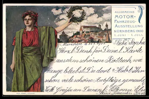 Lithographie Nürnberg, Allgemeine Motorfahrzeugausstellung 1900, Ganzsache Bayern