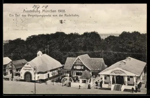 AK München, Ausstellung München 1908, ein Teil des Vergnügungsparks von der Rodelbahn, Ganzsache Bayern