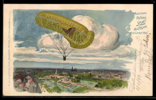 Lithographie München, Allgemeine Deutsche Sport-Ausstellung 1899, Ballon, Ganzsache Bayern