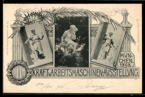 AK München, II. Kraft und Arbeitsmaschinenausstellung München 1898, Statuen, Ganzsache Bayern