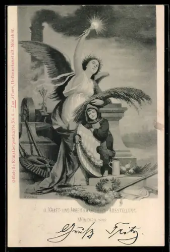 AK München, II. Kraft-u. Arbeitsmaschinen-Ausstellung 1898, Engel mit dem Münchner Kindl, Ganzsache Bayern