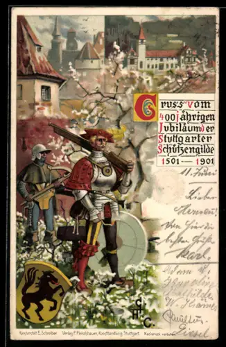 Lithographie Stuttgart, 400 jähriges Jubiläum der Schützengilde 1901, Ganzsache Württemberg
