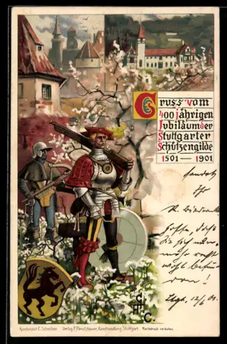 Lithographie Stuttgart, 400 jähriges Jubiläum der Schützengilde 1901, Ganzsache Württemberg