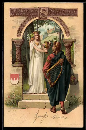AK Würzburg, X. Fränkisches Sängerbundesfest 1904, Mann mit Harfe, Frau mit Kelch, Ganzsache Bayern