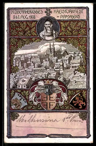 AK Ganzsache PP15 C83 /02: Pirmasens, IX. Oberrheinisches Turnfest 1905, Ortsansicht und Wappen, Ganzsache Bayern