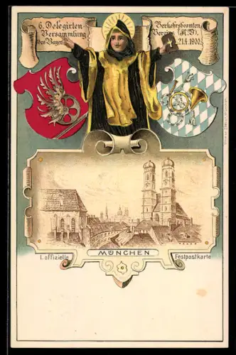 Lithographie München, 6. Delegirten Versammlung der Bayr. Verkehrsbeamten 1902, Münchner Kindl, Ganzsache Bayern