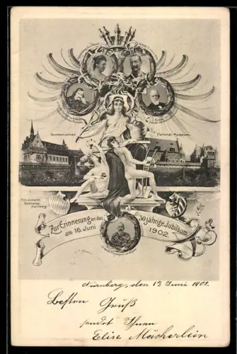 AK Nürnberg, Erinnerung an das 50 jährige Jubiläum 1902, Germanisches National-Museum, Ganzsache Bayern