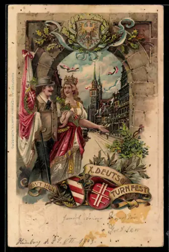 Lithographie Ganzsache PP15 D67 /01: Nürnberg, X. Deutsches Turnfest, Turner mit Flagge, Ganzsache Bayern