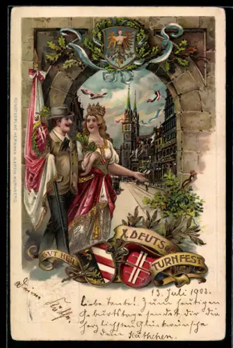 Lithographie Ganzsache PP15 D67 /01: Nürnberg, X. Deutsches Turnfest, Turner mit Flagge, Wappen, Ganzsache Bayern