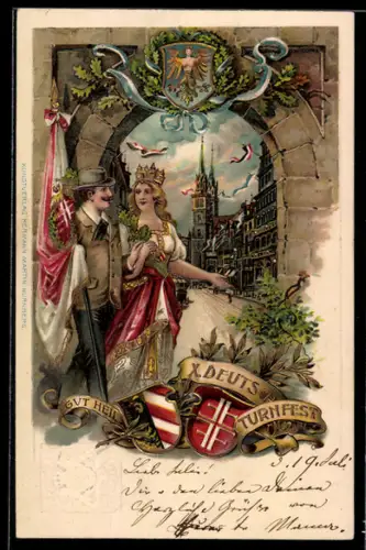 Lithographie Ganzsache PP15 D67 /01: Nürnberg, X. Deutsches Turnfest, Turner mit Flagge, Wappen, Ganzsache Bayern