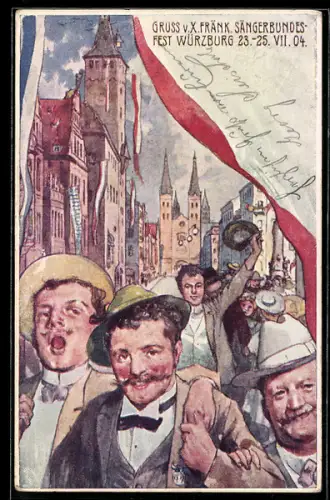 Lithographie Würzburg, X. Fränk. Sängerbundesfest 1904, Sänger auf der Strasse, Ganzsache Bayern