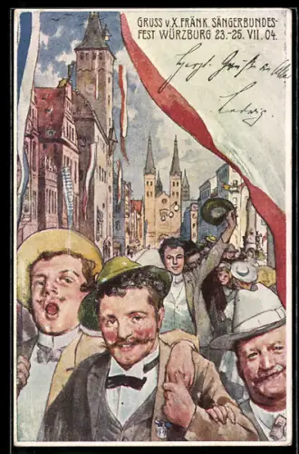 Lithographie Würzburg, X. Fränk. Sängerbundesfest 1904, Sänger auf der Strasse, Ganzsache Bayern