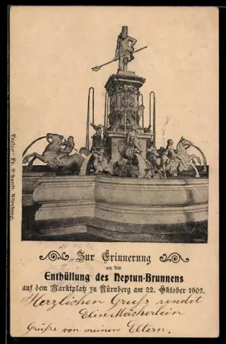 AK Nürnberg, Enthüllung des Neptun-Brunnens auf dem Marktplatz, 22.10.1902, Ganzsache Bayern