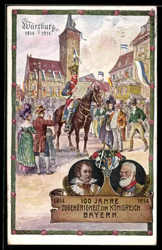 Künstler-AK Würzburg, 100 Jahre Zugehörigkeit zum Königreich Bayern 1914, Ganzsache Bayern