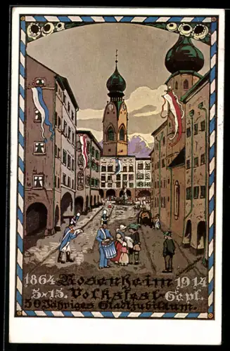 Künstler-AK Ganzsache PP38 C19: Rosenheim /Obb., Volksfest zum 50 jährigen Stadtjubiläum 1914, Ganzsache Bayern