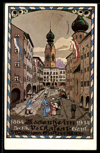 Künstler-AK Ganzsache PP38 C19: Rosenheim /Obb., Volksfest zum 50 jährigen Stadtjubiläum 1914, Ganzsache Bayern