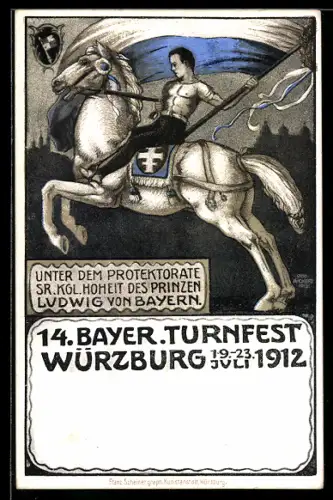 Künstler-AK Würzburg, 14. Bayer. Turnfest 1912, Turner zu Pferd mit Fahne, Ganzsache Bayern