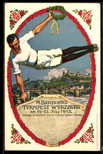 Künstler-AK Würzburg, 14. Bayer. Turnfest 1912, Seitpferdturner, Ganzsache Bayern