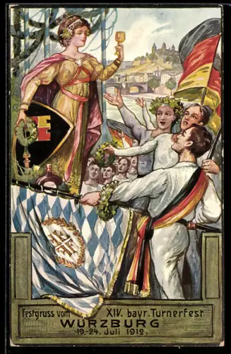 Künstler-AK Ganzsache PP27 C64 /03: Würzburg, XIV. Bayr. Turnerfest 1912, jubelnde Turner, Ganzsache Bayern