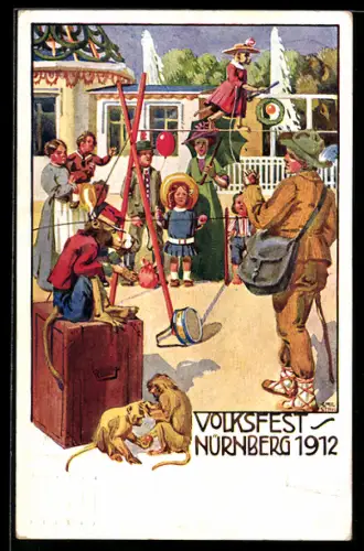 Künstler-AK Ganzsache PP27 C43 /02: Nürnberg, Volksfest 1912, Dompteur mit seinem Affen, Ganzsache Bayern