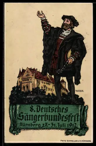 AK Nürnberg, 8. deutsches Sängerbundesfest 1912, Sänger mit Mandoline, Ganzsache Bayern