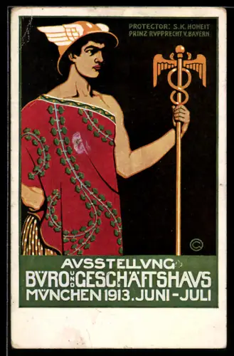 Künstler-AK München, Ausstellung Büro- und Geschäftshaus 1913, Ganzsache Bayern