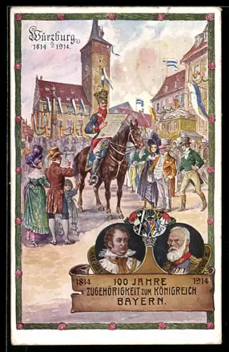 Künstler-AK Würzburg, 100 Jahre Zugehörigkeit zum Königreich Bayern 1914, Ganzsache Bayern