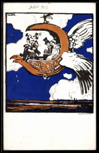 Künstler-AK Zur Förderung der Luftfahrt in Bayern, Flugzeug-Kutsche mit Flügeln, Ganzsache Bayern