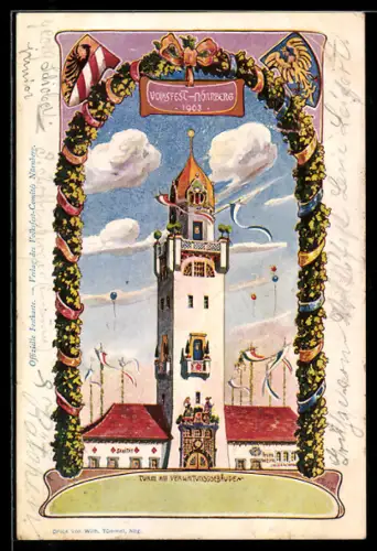Künstler-AK Nürnberg, Volksfest 1903, Turm am Verwaltungsgebäude, Ganzsache Bayern