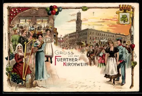 AK Fürth /Bayern, Kirchweih, Festbesucher am Rathaus, Ruerther-Kirchweih, Ganzsache Bayern