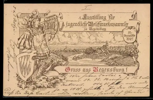 Lithographie Regensburg, 1. Ausstellung für jugendliche Briefmarkensammler 1907, Teilansicht, Ganzsache Bayern