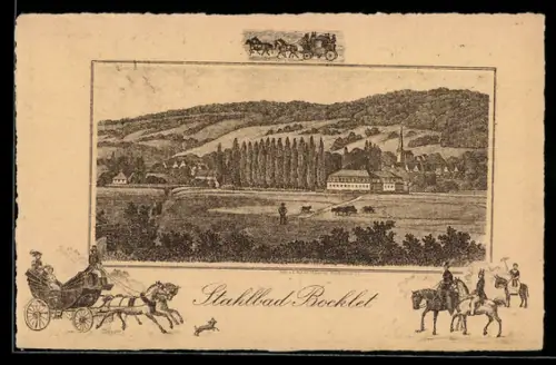 AK Ganzsache PP47 F2 /03: Bocklet, Ortspanorama, Passepartout mit Reitern und Kutsche