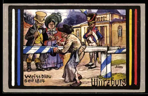 Künstler-AK Würzburg, 100 Jahre Zugehörigkeit zum Königreich Bayern 1914, Mann bemalt einen Schlagbaum, Ganzsache Bayern