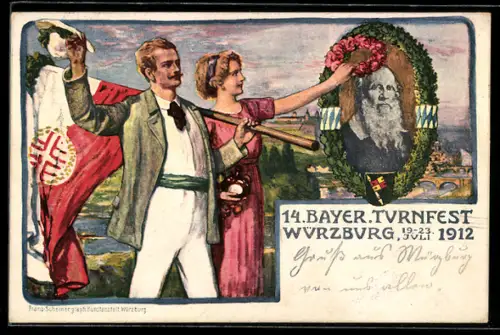 Künstler-AK Würzburg, 14. Bayerisches Turnfest 1912, Turnvater Jahn, Turner mit Fahne, Ganzsache Bayern