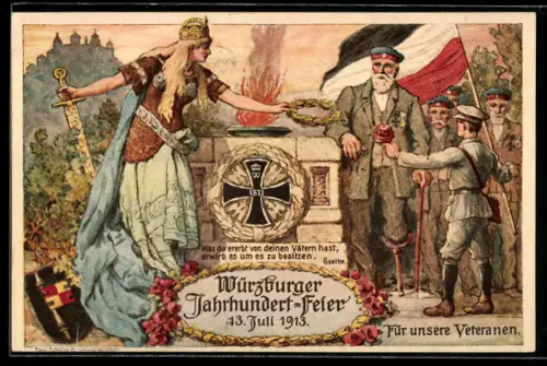 Künstler-AK Würzburg, Jahrhundertfeier für Veteranen 1913, Germania und Veteranen am Altar, Ganzsache Bayern