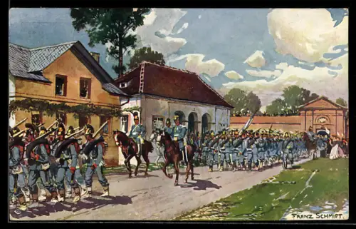 Künstler-AK Landau / Pfalz, Durchmarsch bayerischer Truppen durch die Festung 1870, Ganzsache Bayern