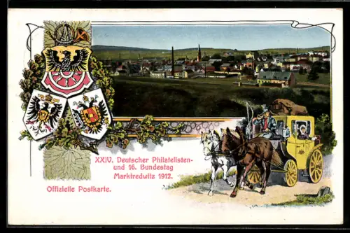 AK Marktredwitz, 24. Deutscher Philatelisten- und 16. Bundestag 1912, Wappen, Postkutsche, Ganzsache Bayern