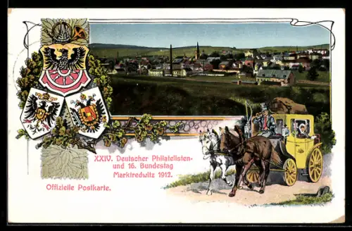 AK Marktredwitz, 24. Deutscher Philatelisten- und 16. Bundestag 1912, Wappen, Postkutsche, Ganzsache Bayern