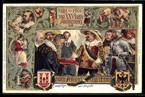 AK Rothenburg / T., Historische Festspiele Meistertrunk 1881-1905, Wappen, Ganzsache Bayern