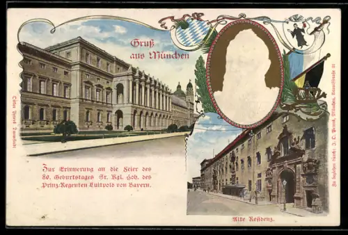 Präge-AK München, Prinzregent Luitpold von Bayern im Porträt, Alte Residenz, Ganzsache Bayern