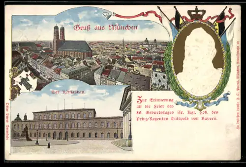 Präge-AK München-Neuhausen, Königsbau, Panorama, Prinzregent Luitpold von Bayern, Ganzsache Bayern