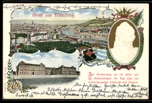 Präge-AK Würzburg, Totalansicht, Prinzregent Luitpold, Residenz, Ganzsache Bayern