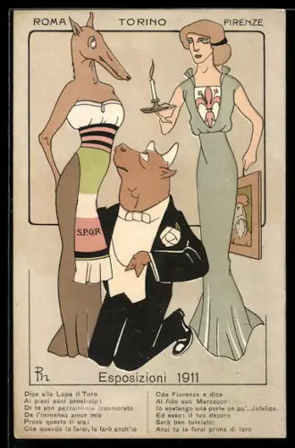 AK Esposizioni 1911, Rom, Torin und Firenze in allegorischer Darstellung mit Kerze und Kleid, S.P.Q.R., Ausstellung