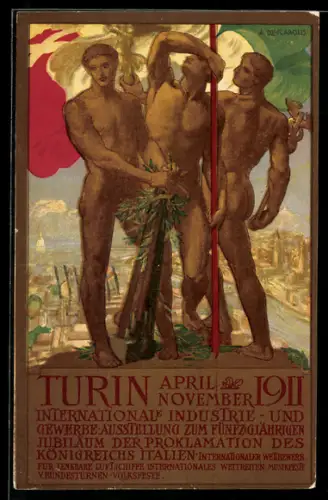 Künstler-AK sign. A. de Karolis: Turin, International Exhibition of Industry and Labour 1911, Männer über der Stadt