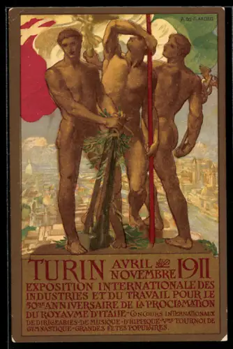 Künstler-AK sign. A. de Karolis: Turin, International Exhibition of Industry and Labour 1911, Männer über der Stadt