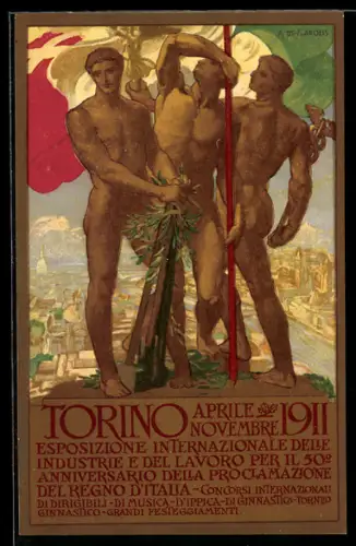 Künstler-AK sign. A. de Karolis: Turin, International Exhibition of Industry and Labour 1911, Männer über der Stadt